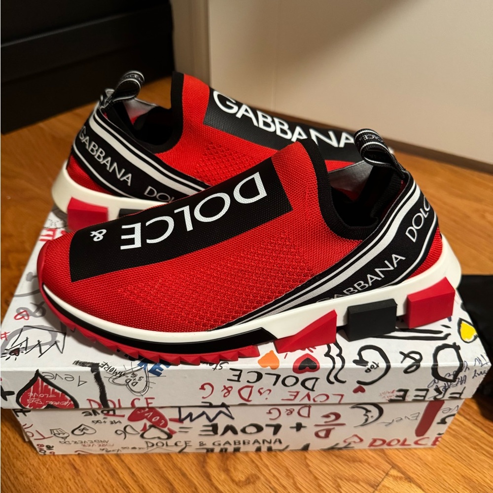 Dolce & Gabbana Red Fabric Graffiti Logo Sorrento Slip On Sneakers Size 43